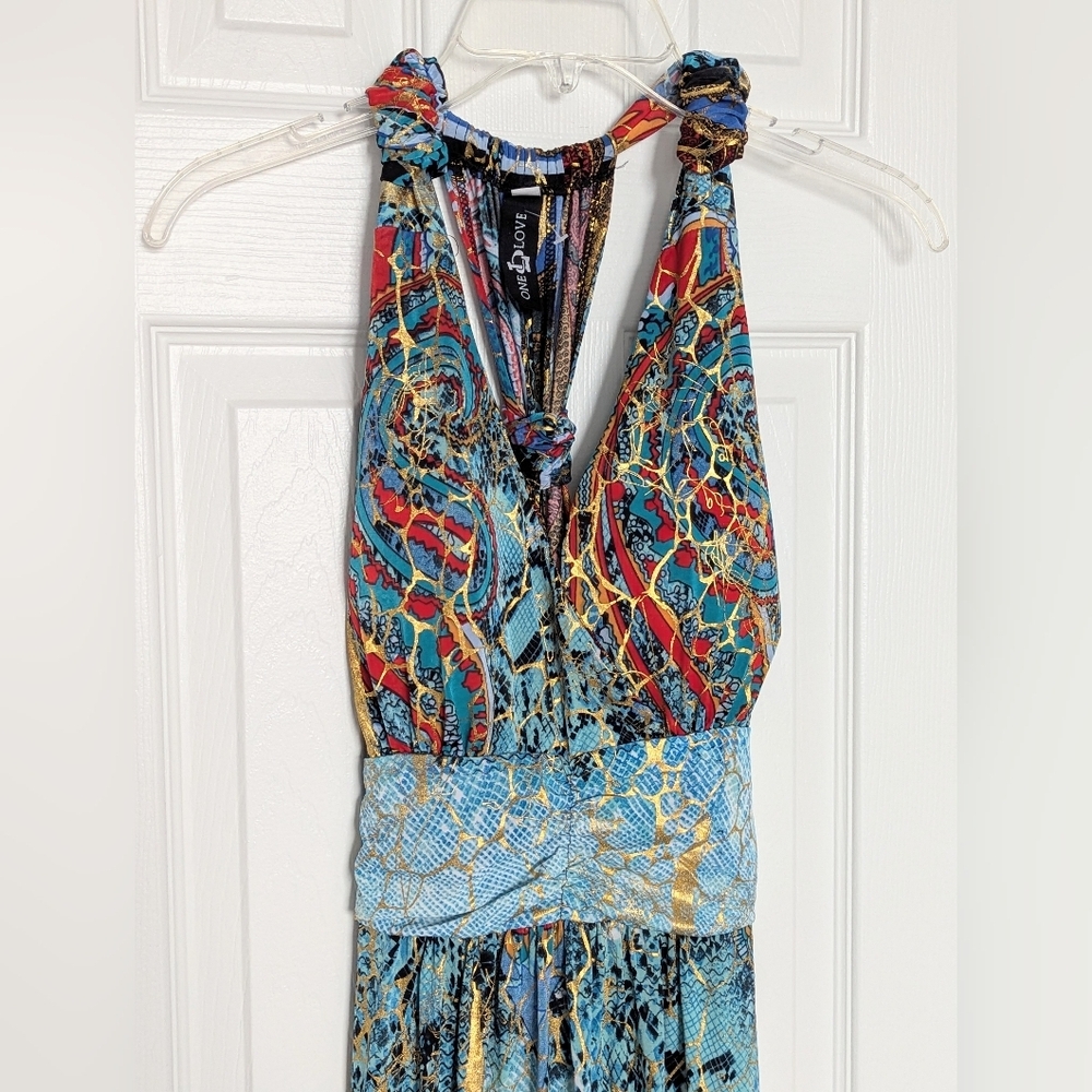 Women's (S/M) Boho Tropical Multicolored Maxi Dress w/ Empire Waist & Racerback